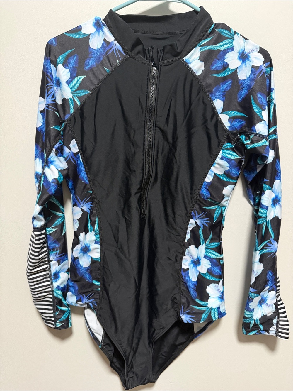 Black Long-Sleeve Floral-Panel One-Piece Swimsuit